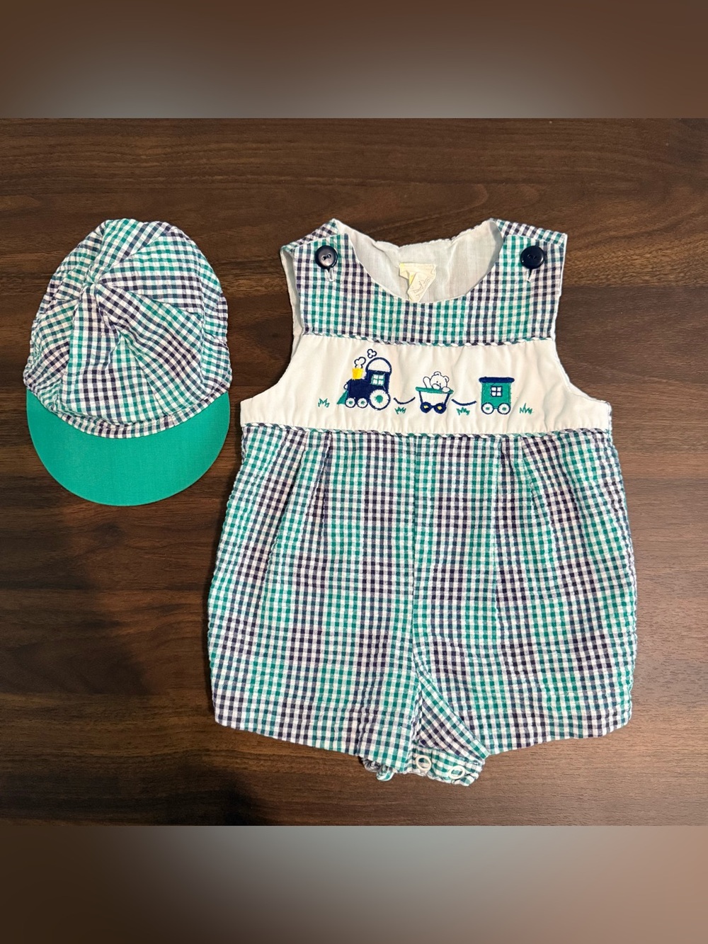Baby boy vintage train overalls romper